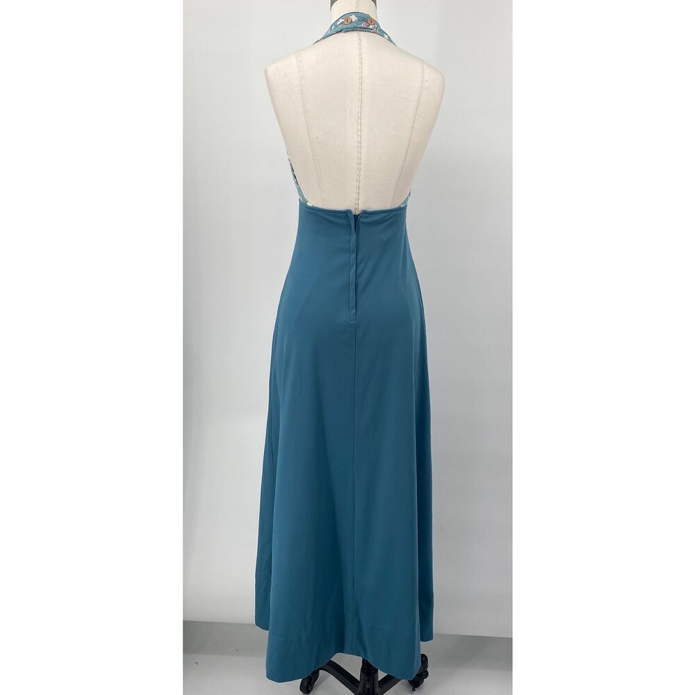 Vintage 70s Halter Dress Floral Pattern Triangle Bodice Teal Blue Pink Womens XS - Picture 8 of 10